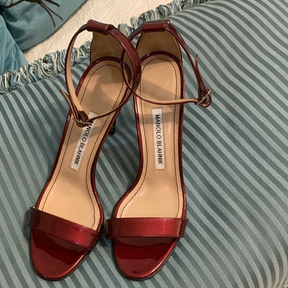 Manolo Blahnik Red Chrome Ankle Strap High Heels Euro Size 37 1/2 US Size 6 1/2 - Picture 1 of 13
